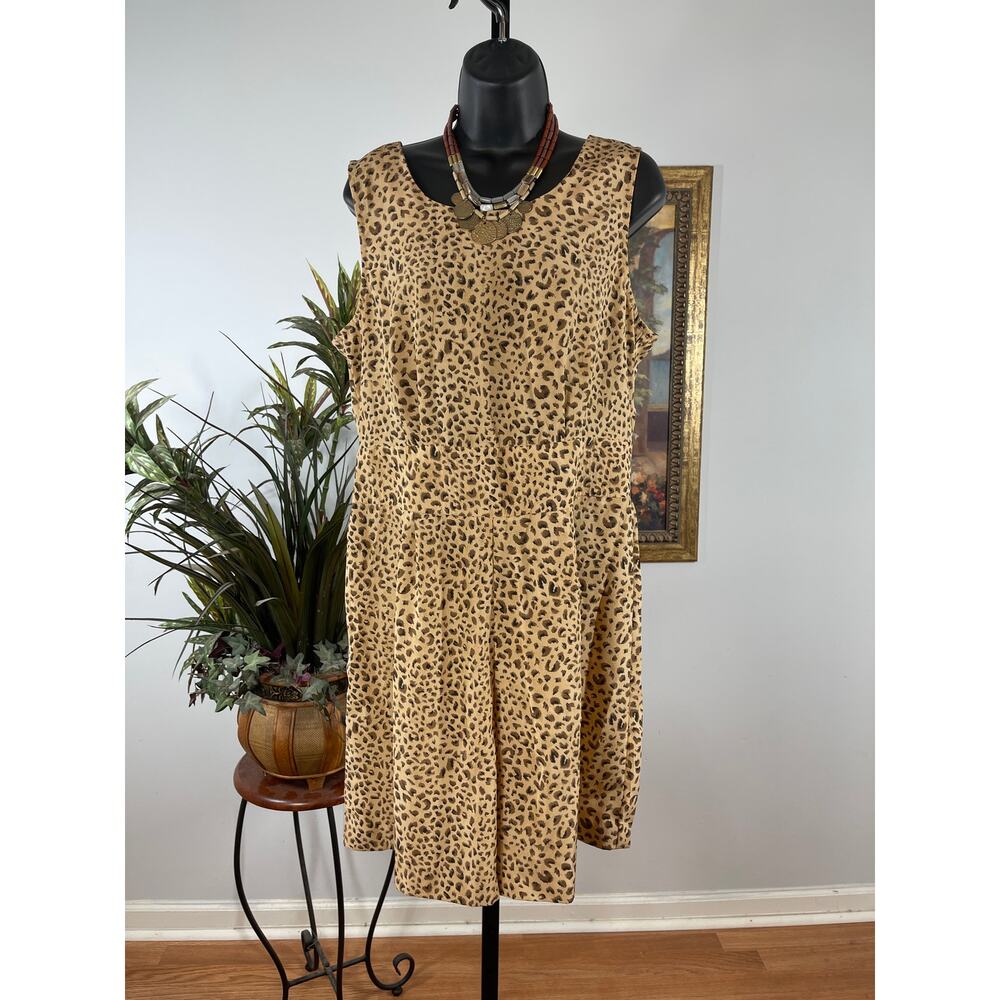 Kathie Lee Dress Women's 12 Beige Brown Animalโ Print Scoop Neck Romantic Chic